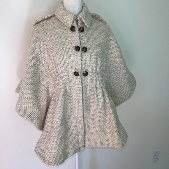 Green With Envy Cape Womens Medium M Wool Blend Poncho Ivory Snap Side Pockets - Picture 7 of 12